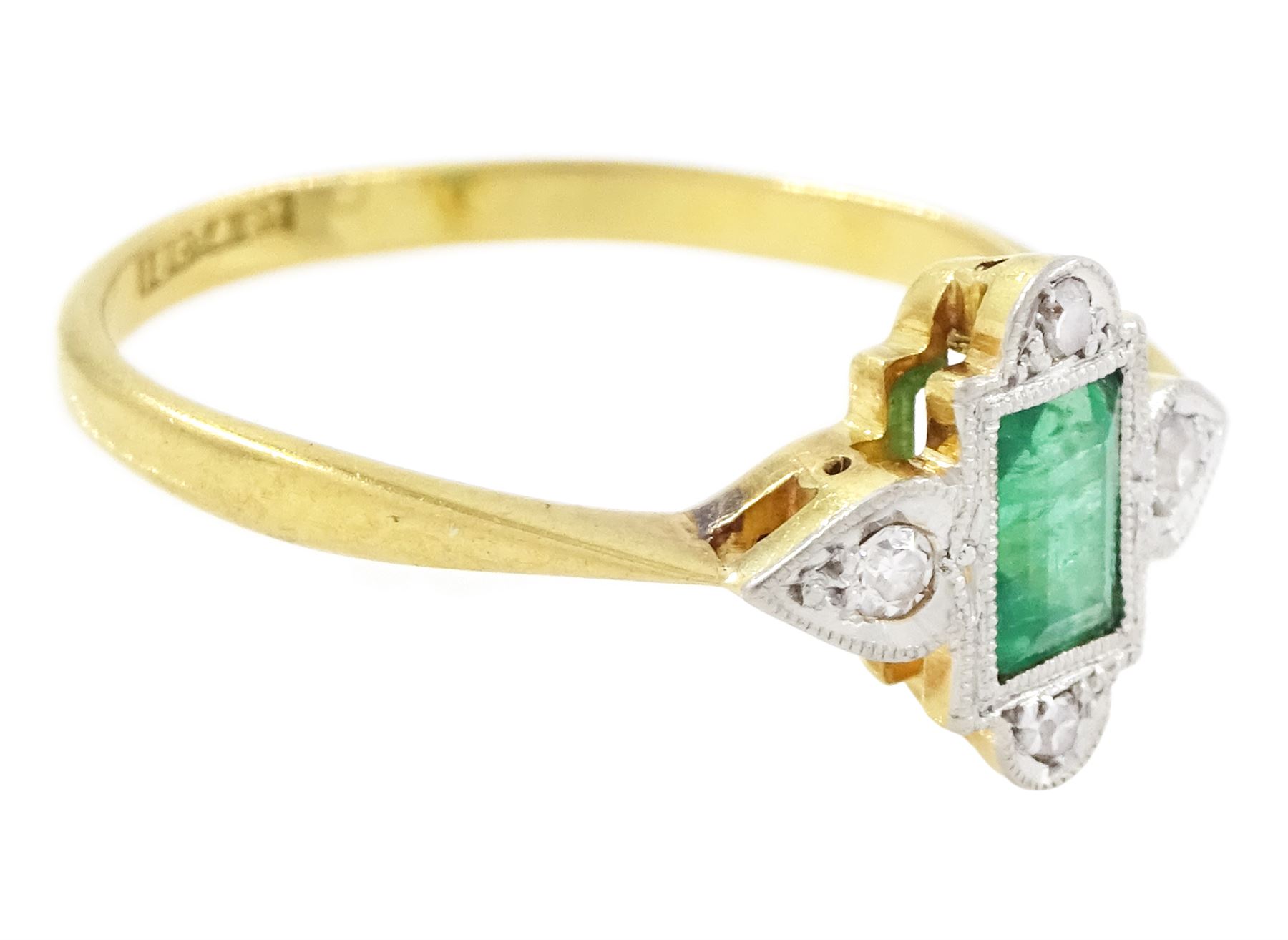 Edwardian gold and platinum emerald and diamond ring, single milgrain set rectangular cut emerald, surrounded by four single cut diamonds, stamped 18ct & PT