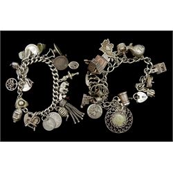 Two silver charm bracelets, charms including cuckoo clock, matador, fish, crown, tankard, church and fox