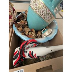 Japanese tea service, wash jug and bowl, Metamec mantle clock, table lamp with shade, and other ceramics and collectables, in four boxes