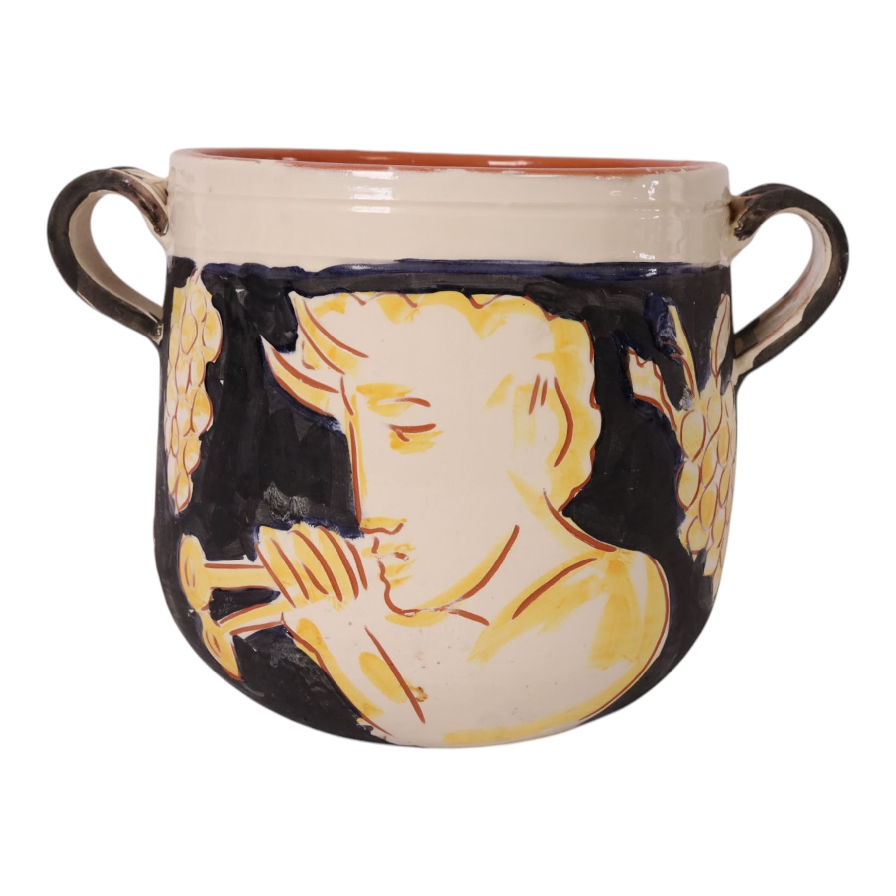 Vallauris French pottery by Patrick Bocca Rossa, twin handled jardinière decorated with figures, H25cm 