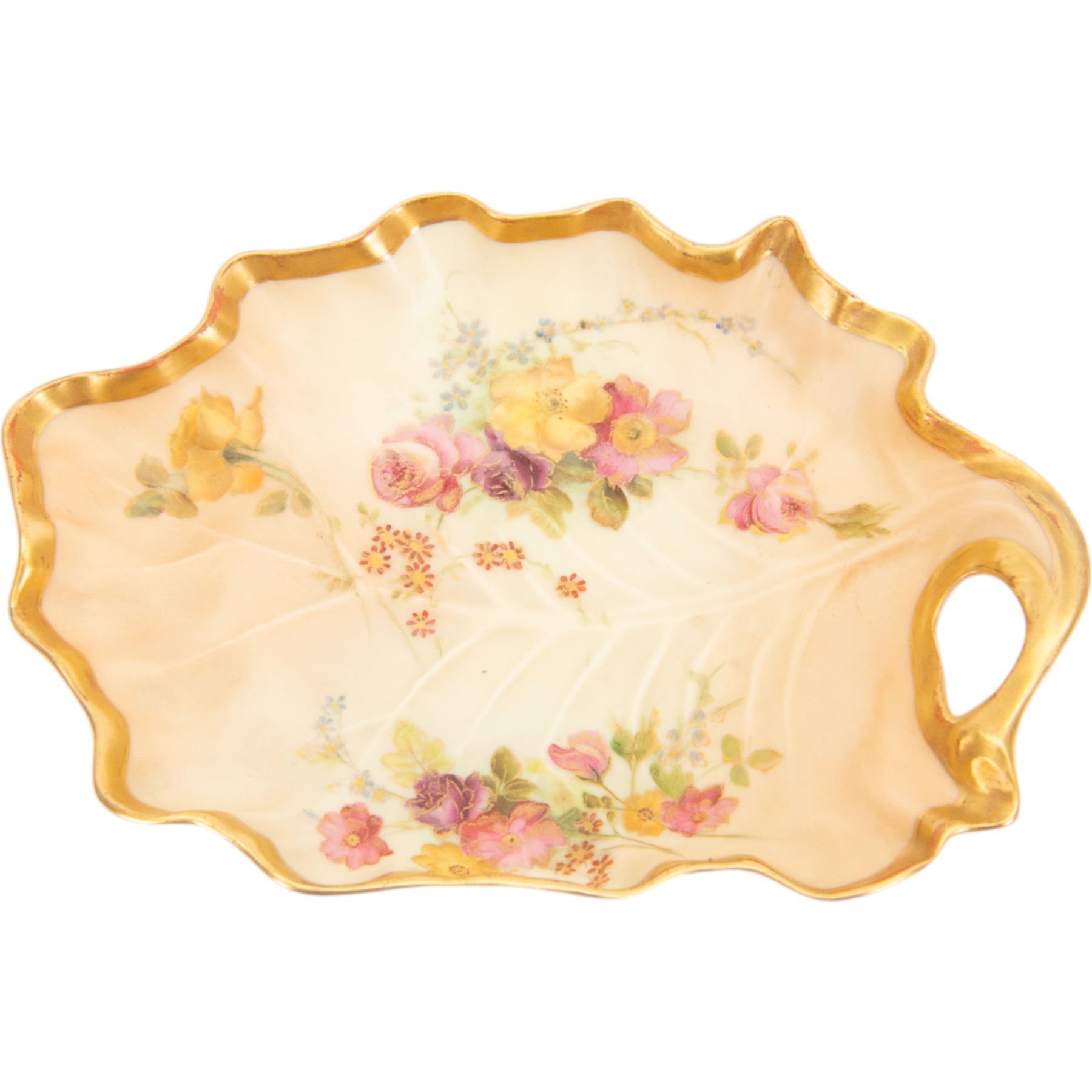 Royal Worcester blush ivory leaf moulded vase, leaf shape dish and a Royal China Works Worcester watering can, vase H21cm