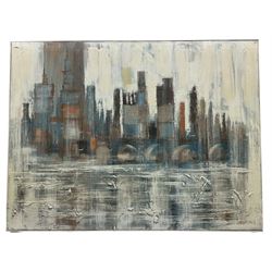 Gregory Wells (Canadian Contemporary):River and Bridge with High Rise City Skyline, mixed media on canvas signed 76cm x 102cm