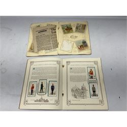Twelve cigarette card albums by Players and Wills; quantity of loose cigarette cards by Players, Wills, Ogdens, Churchmans, Carrerras, Godfrey Phillips etc; quantity of printed cigarette silks by BDV of Regimental Crests and Colours; and large quantity of trade cards