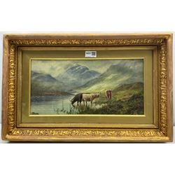 F Walters (British 19th century): Highland Cattle, oil on canvas signed 19cm x 39cm