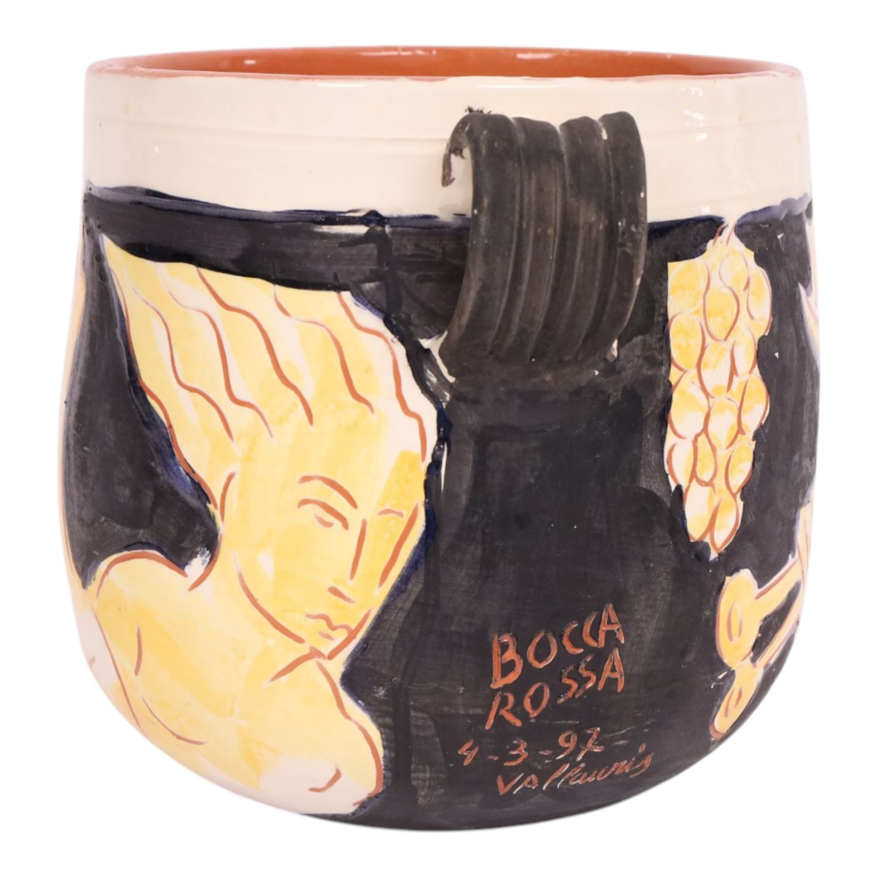 Vallauris French pottery by Patrick Bocca Rossa, twin handled jardinière decorated with figures, H25cm 