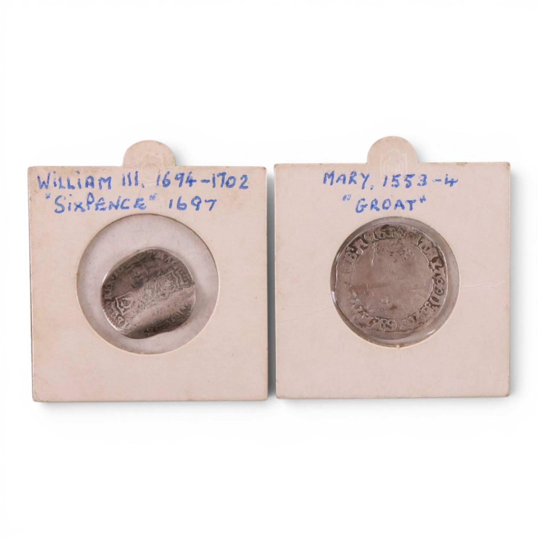Mary silver groat and William III 1697 silver sixpence coins (2)