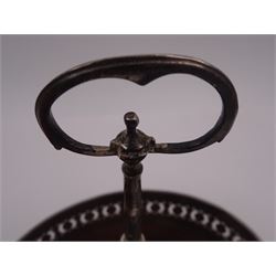 Late 18th century silver cruet stand, of oval form, with pierced sides upon four bun feet, hallmarked to handle Hester Bateman, all other hallmarks indistinct, together with five matched silver mounted cut glass cruet bottles, including some later Victorian examples, hallmarks predominantly indistinct, stand H20cm