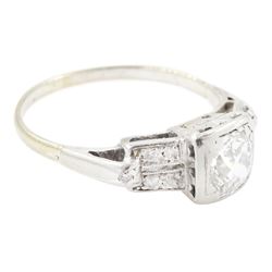 Art Deco gold and platinum diamond ring, single square set old cut diamond of approx 0.70 carat, with split design old cut diamond shoulders