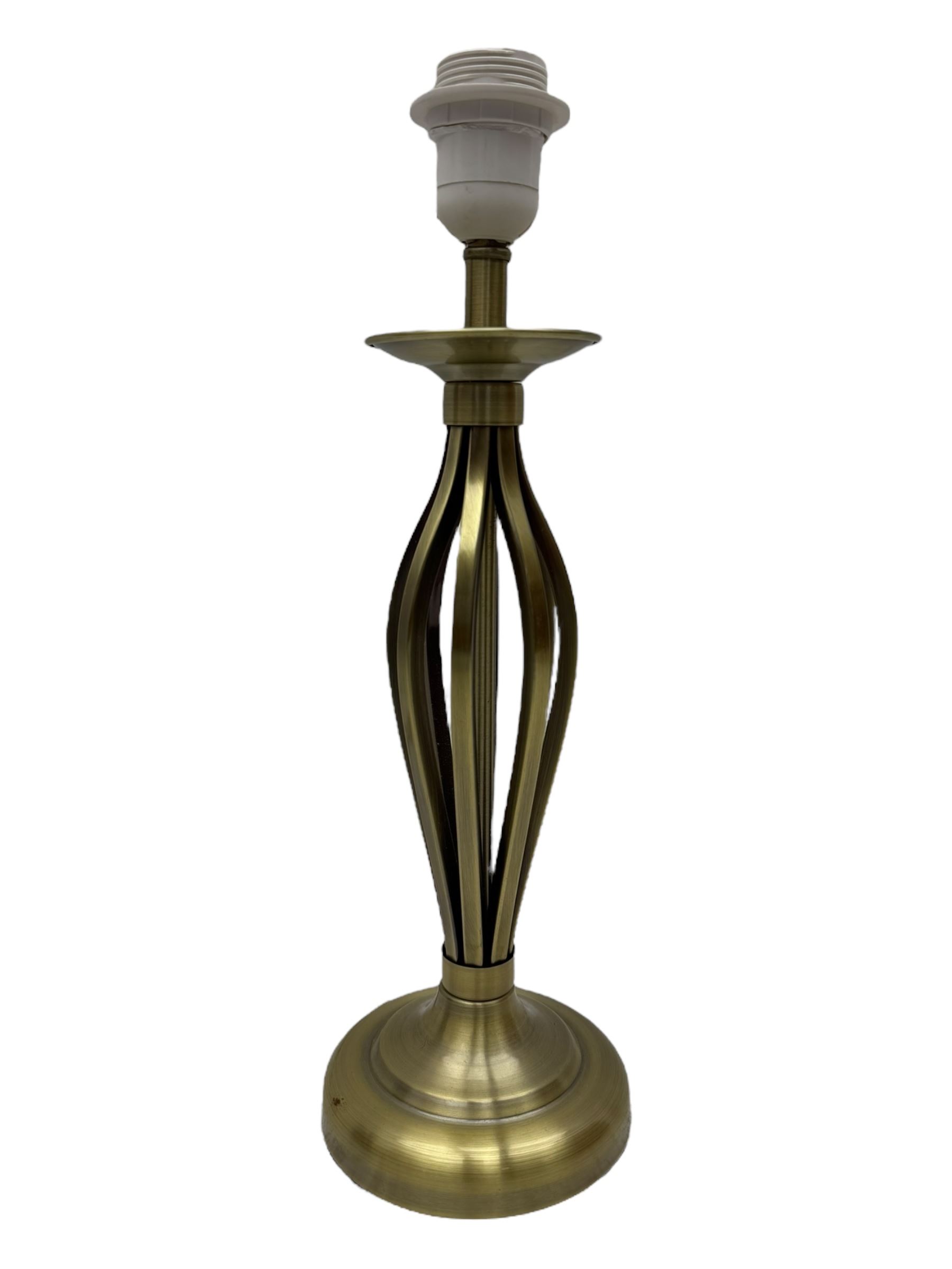 Contemporary brushed metal standard lamp, brass effect with cylindrical stem, on circular base, H131cm; matching table lamp, H35cm (2)