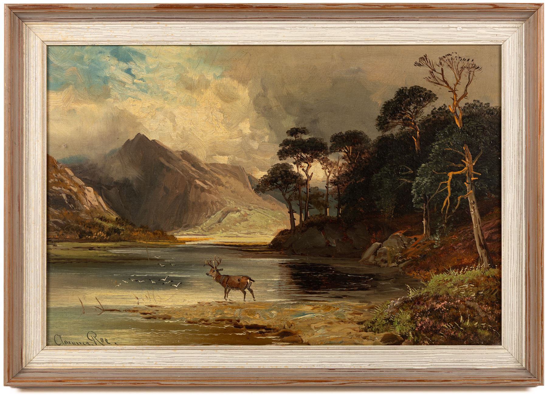 Clarence Henry Roe (British 1850-1909): Stag by a Highland Loch, oil on canvas signed 29cm x 44cm