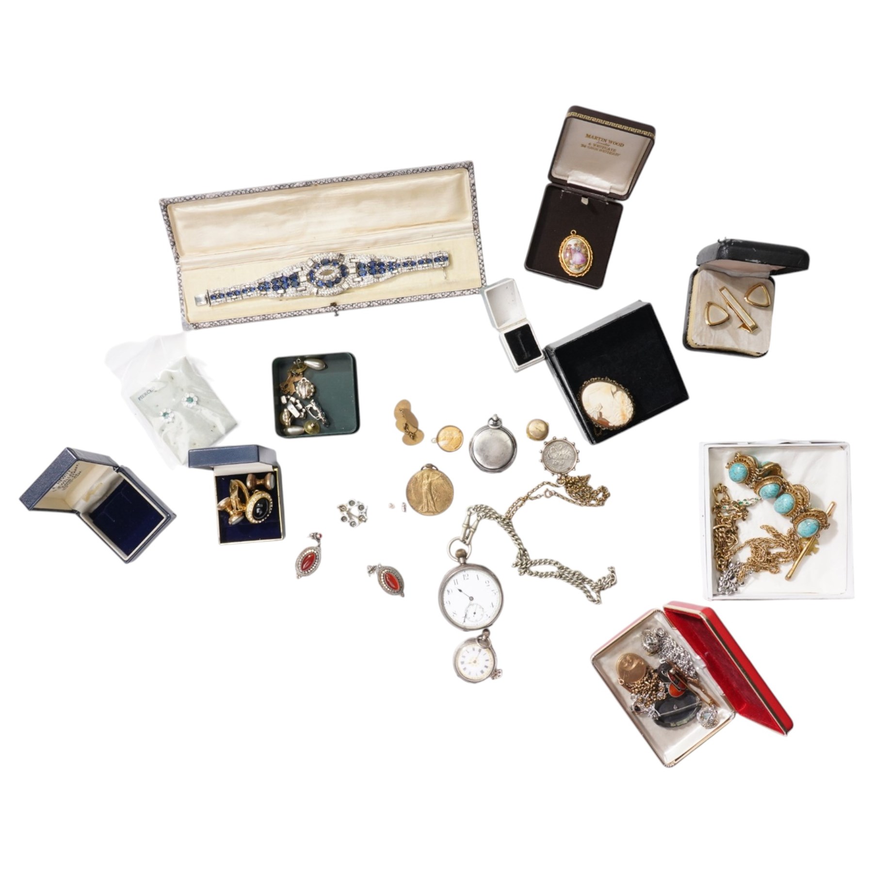 Victorian dress stud with horseshoe motif, two silver pocket watches, silver-plated pocket compass, silver pendant earrings, St George and the Dragon silver coin, mounted as a pendant, silver paste set bracelet, WW1 Victory medal awarded to PTE N Fisher, R Scots, costume jewellery etc 