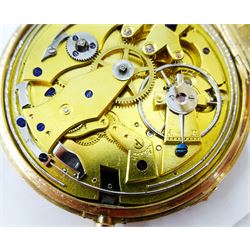 18ct gold open face key wound quarter repeating Swiss lever pocket watch by Garni en Pierre, No. 5090, the gold dust cover inscribed 'Echappement Libre a Ancre', plunge repeat in the pendant, silver engine turned dial with Roman numerals and subsidiary seconds dial