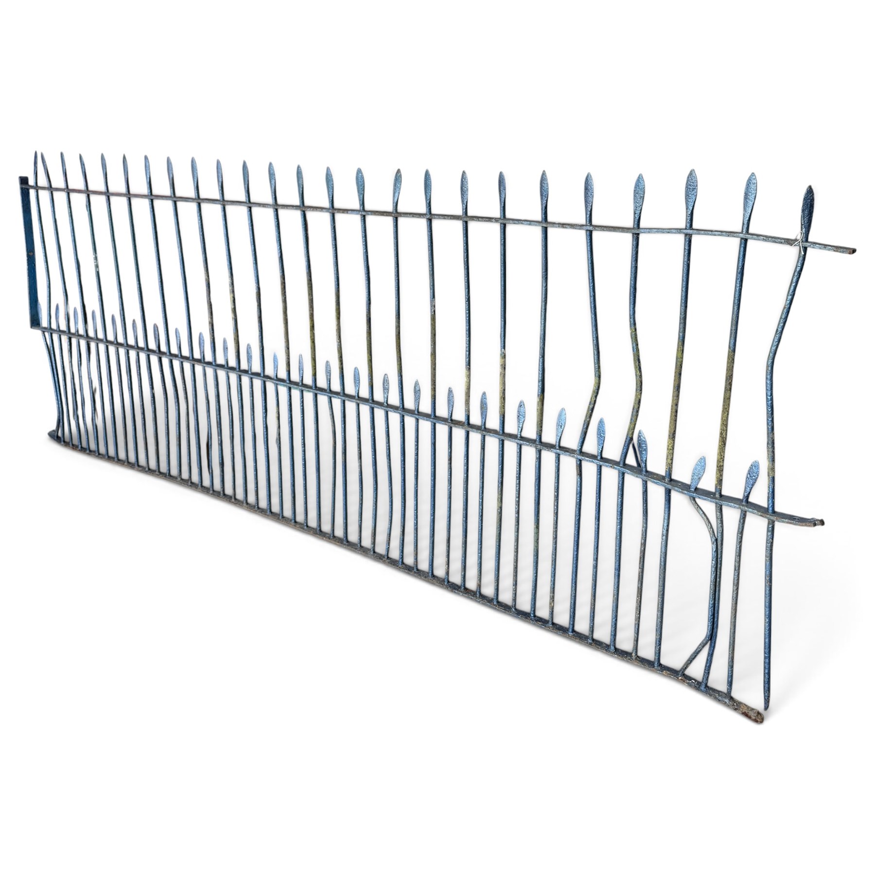 Two sections of painted iron garden or estate boundary railing, comprising a 19th century wrought iron section with graduated spearhead uprights, together with a later hoop-top section with ball-finial end posts, both in blue painted finish