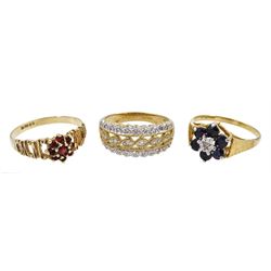 Gold diamond dress ring, diamond 0.14 carat, gold sapphire and diamond ring and a gold garnet cluster ring, all hallmarked 9ct