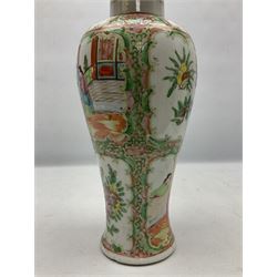 19th century Cantonese Famille Rose vase of slender baluster form, decorated with typical panels of birds and flowers alternating with figures, the cover with gilt dog of Fo finial,  with blue four character mark beneath, H33cm