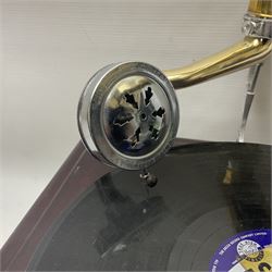 Gramophone, with brass horn and a collection of records