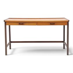 Danish mid-20th century teak small console table, fitted with two baize lined drawers, rai...