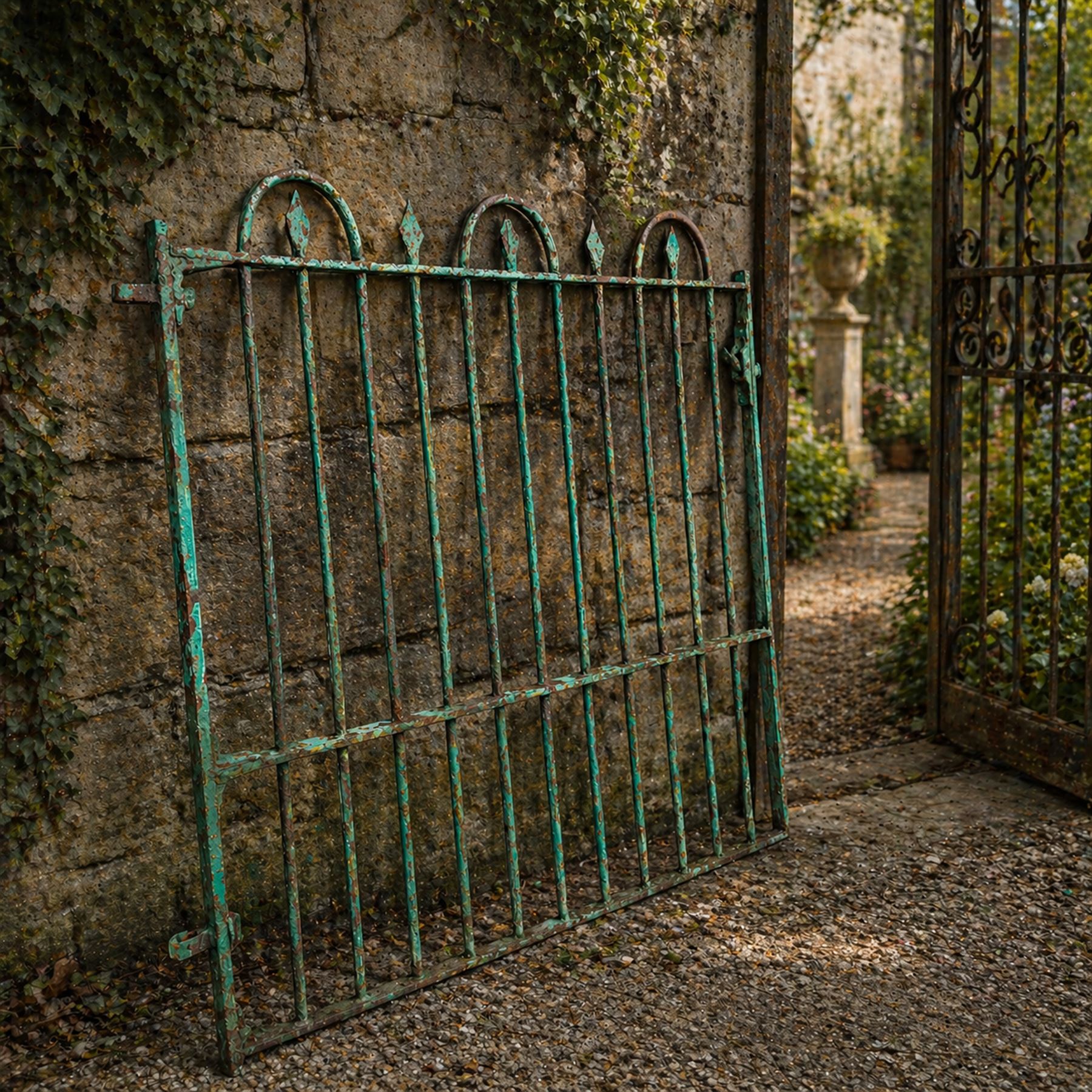 19th century French cast iron garden gate, finished in green rustic paint, bar form with hoop and spear top, with loop hinge brackets