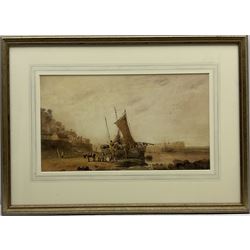 Samuel Austin OWS (British 1796-1834): Fishing Port at Low Tide, watercolour signed and dated '22 on the hull of the boat 24cm x 43cm