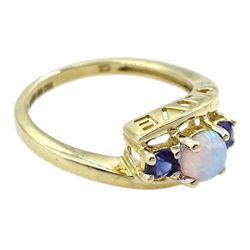 9ct gold opal and sapphire ring with 'love' gallery, hallmarked