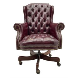 Hancock & Moore - swivel office desk chair, upholstered in buttoned burgundy leather with studded bands, five-spoke base on castors