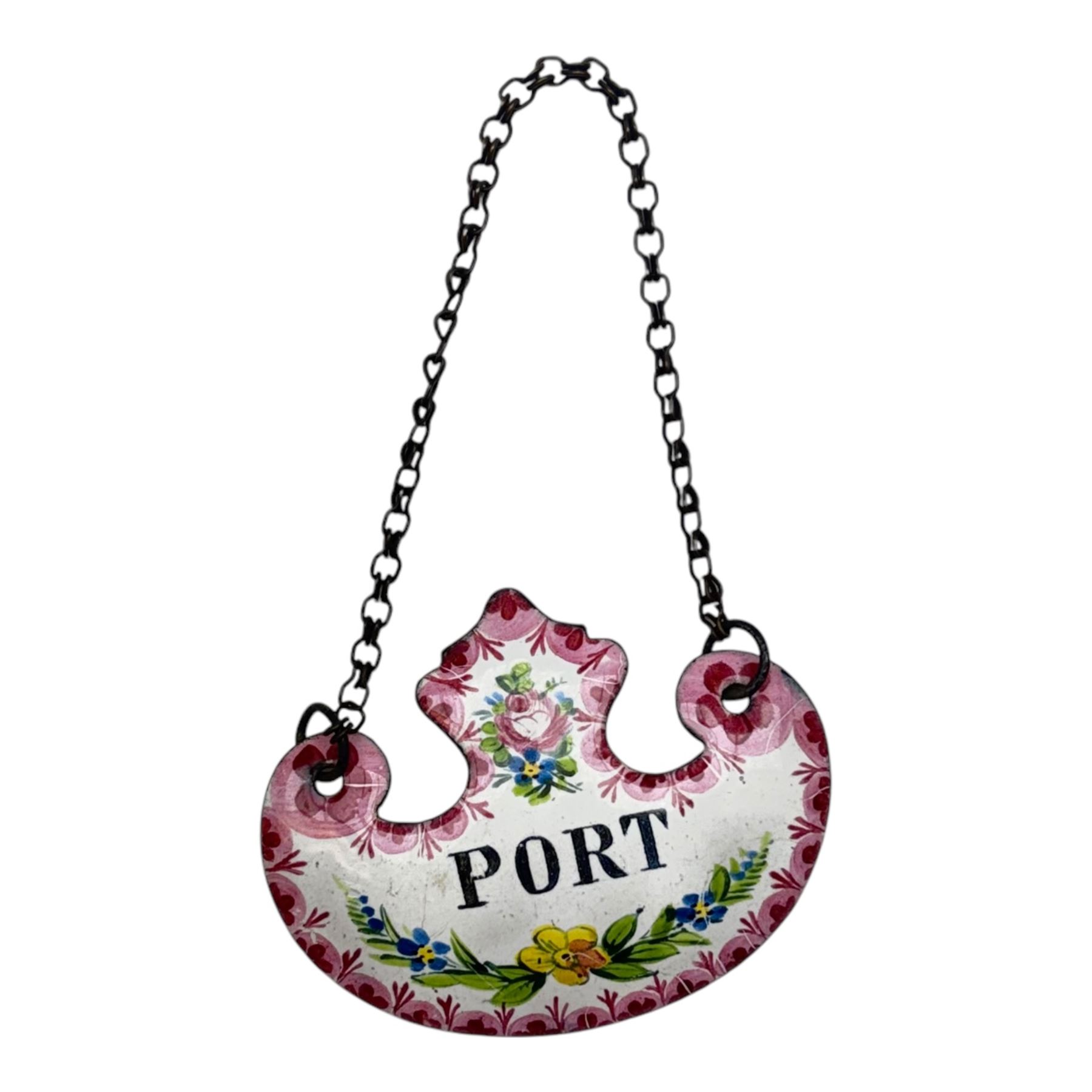 Seventeen mid 18th century and later enamel wine labels, one example of heart shaped form, the rest of cartouche and escutcheon form, various titles including Claret, Rum, Sloe Gin, Port, Whisky, Cowslip, Cherry-Brandy, etc., largest example W7cm 