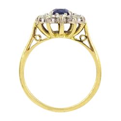 18ct gold oval sapphire and round brilliant cut diamond cluster ring, Birmingham 1994, sapphire approx 1.00 carat, total diamond weight approx 0.70 carat