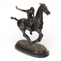 20th century spelter figure of a mounted polo player, upon a marble base, H60cm