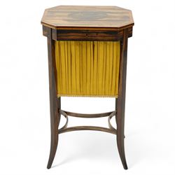 Edwardian coromandel wood work or sewing table, canted rectangular form, the hinged lid with central chinoiserie panel depicting traditional scene with boat, enclosing sunken storage well with pleated skirt, on square tapering supports with splayed feet united by curved stretchers 