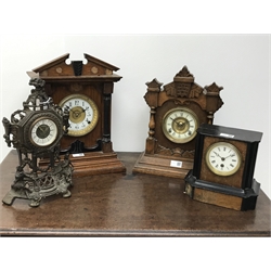  Late Victorian oak case mantel clock with Ansonia striking movement, another retailed by Fattorini & Sons Bradford, another, and a metal case mantel clock, H41cm max (4)  