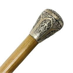 Malacca walking cane, with domed Burmese silver pommel embossed with deities, L91.5cm