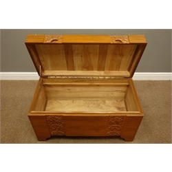  Eastern carved hardwood blanket box with camphor wood lining, W92cm, H50cm, D46cm  