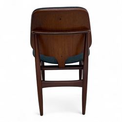 G-Plan - mid-20th century teak oval dining table, with butterfly leaf extension mechanism and four Elliot's of Newbury teak framed dining chairs upholstered in purple and green fabric, table un-extended width 152cm x depth 152cm x height 71cm, chairs 47x37x78cm 