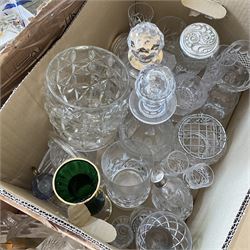 Glassware to include decanters, candlesticks, tumblers, coloured glassware etc in four boxes