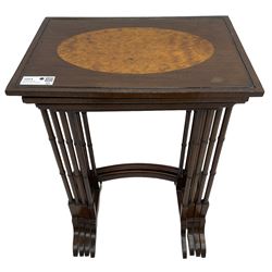20th century inlaid mahogany quartetto nest of four tables, rectangular top inlaid with birdseye maple oval panel, ring turned supports on sledge feet