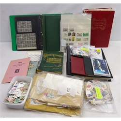  Quantity of British and World stamps loose and in albums and stock cards including King George V Canadian stamps, Republic of Costa Rica red cross 1945 'Un Colon' stamp blocks, United States of America, Royal Mail Stock Book, British Guiana, Great British postage due, Falkland Islands etc, in one box  