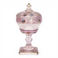 Victorian glass bon bon dish and cover, decorated with hand painted flowers and gilt detail, upon a knopped stem and square base, H22cm