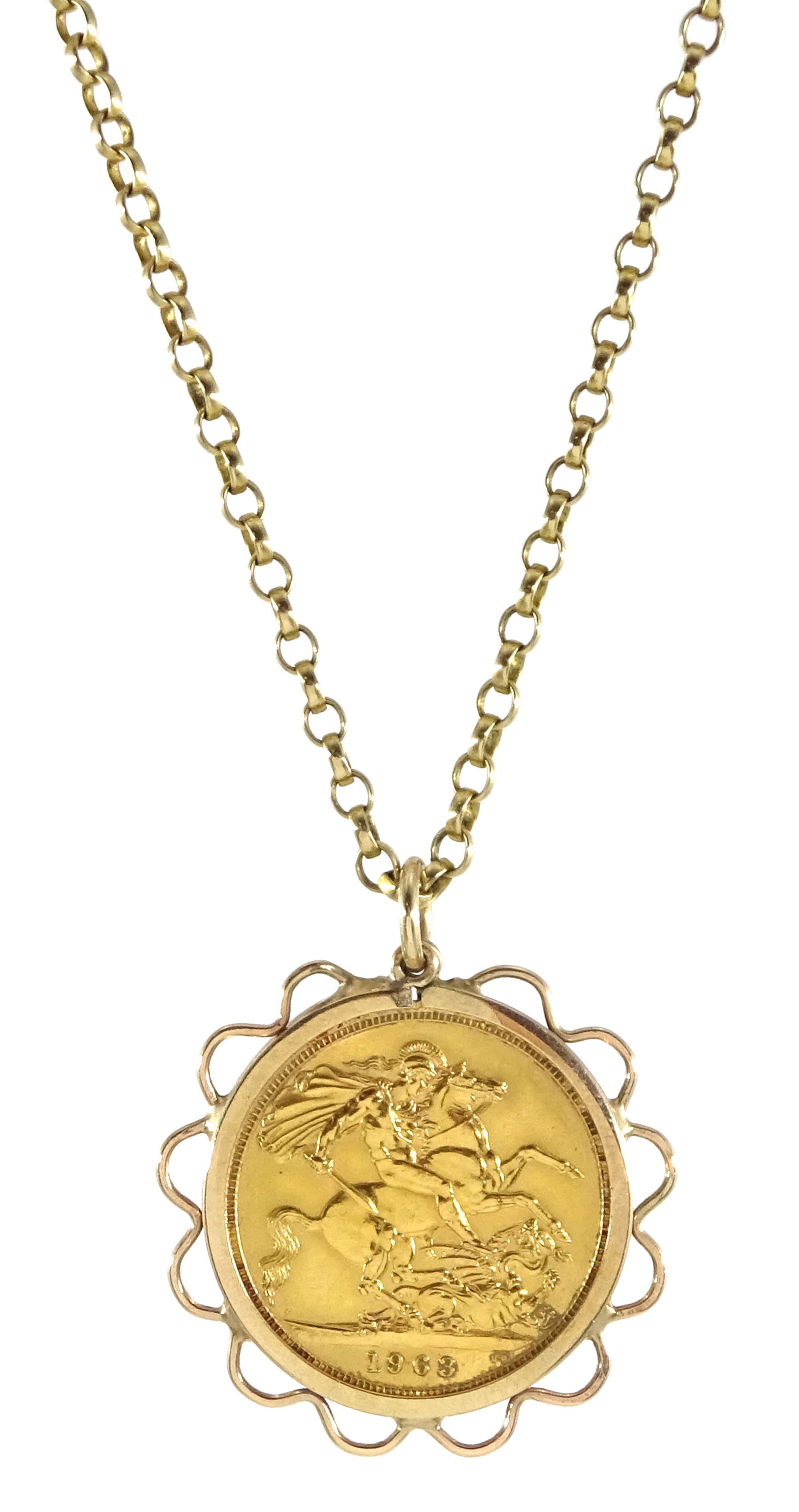 Elizabeth II 1963 gold full sovereign, loose mounted in gold pendant on gold necklace chain, both 9ct hallmarked or tested