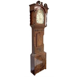 Late 19th century - 8-day mahogany longcase clock c1870, with a swan necked pediment and brass paterie, break arch hood door beneath flanked by ring turned pilasters and shaped back splats,  inlaid trunk with a short door and canted corners, broad plinth with inlay and shaped feet, painted dial with abstract floral spandrels and a romantic evening scene to the break arch, with Roman numerals, minute markers, date and second dials, makers name indistinct, stamped brass hands with date and seconds pointers, dial pinned directly to a rack striking movement with a recoil anchor escapement. With weights and pendulum.