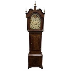 19th century mahogany longcase clock, the hood with triple finial and scroll top over glazed stepped arch door and fluted columns, moonphase enamel dial with Roman chapter ring, the spandrels decorated with countryside scenes, signed 'W. Helliwell, Leeds', eight day movement striking on bell, triple arched trunk door enclosed by cluster column pilasters, figured canted base, on bracket feet