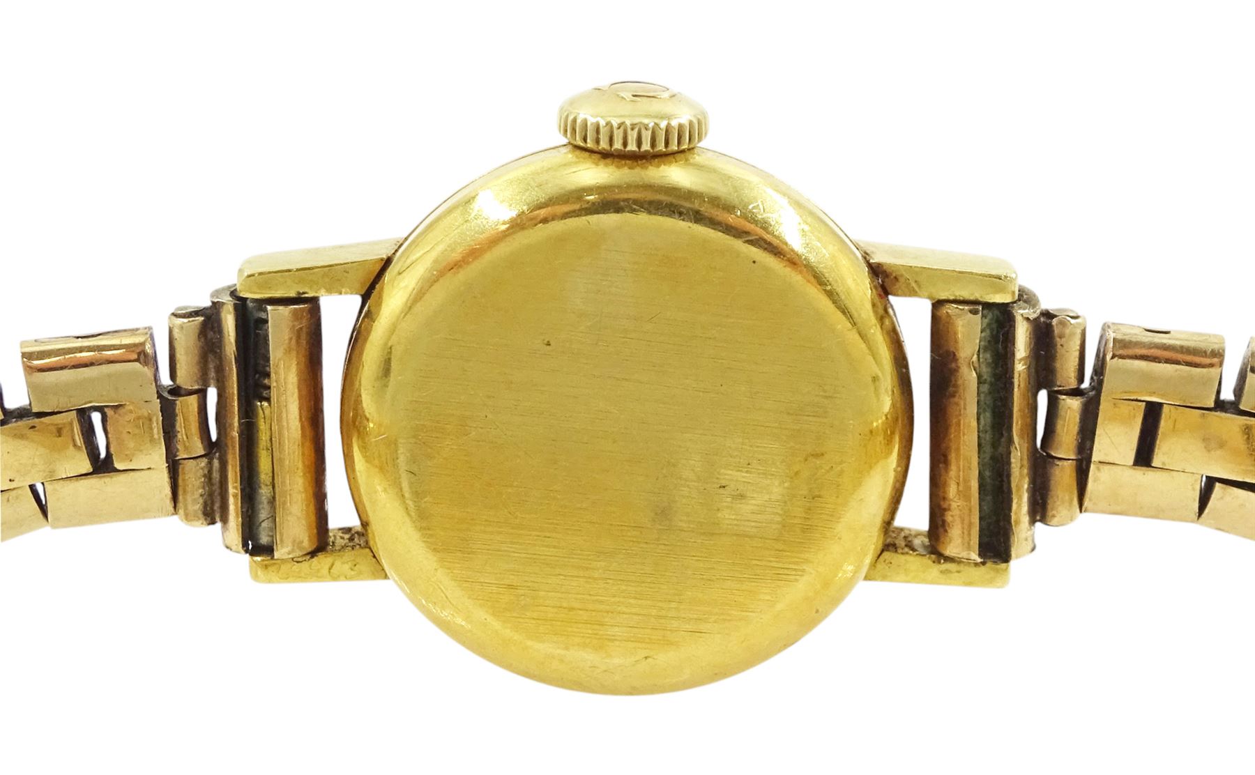 Omega 18ct gold ladies manual wind wristwatch, champagne dial with baton hour markers, Helvetia hallmark, on 9ct gold bracelet, hallmarked