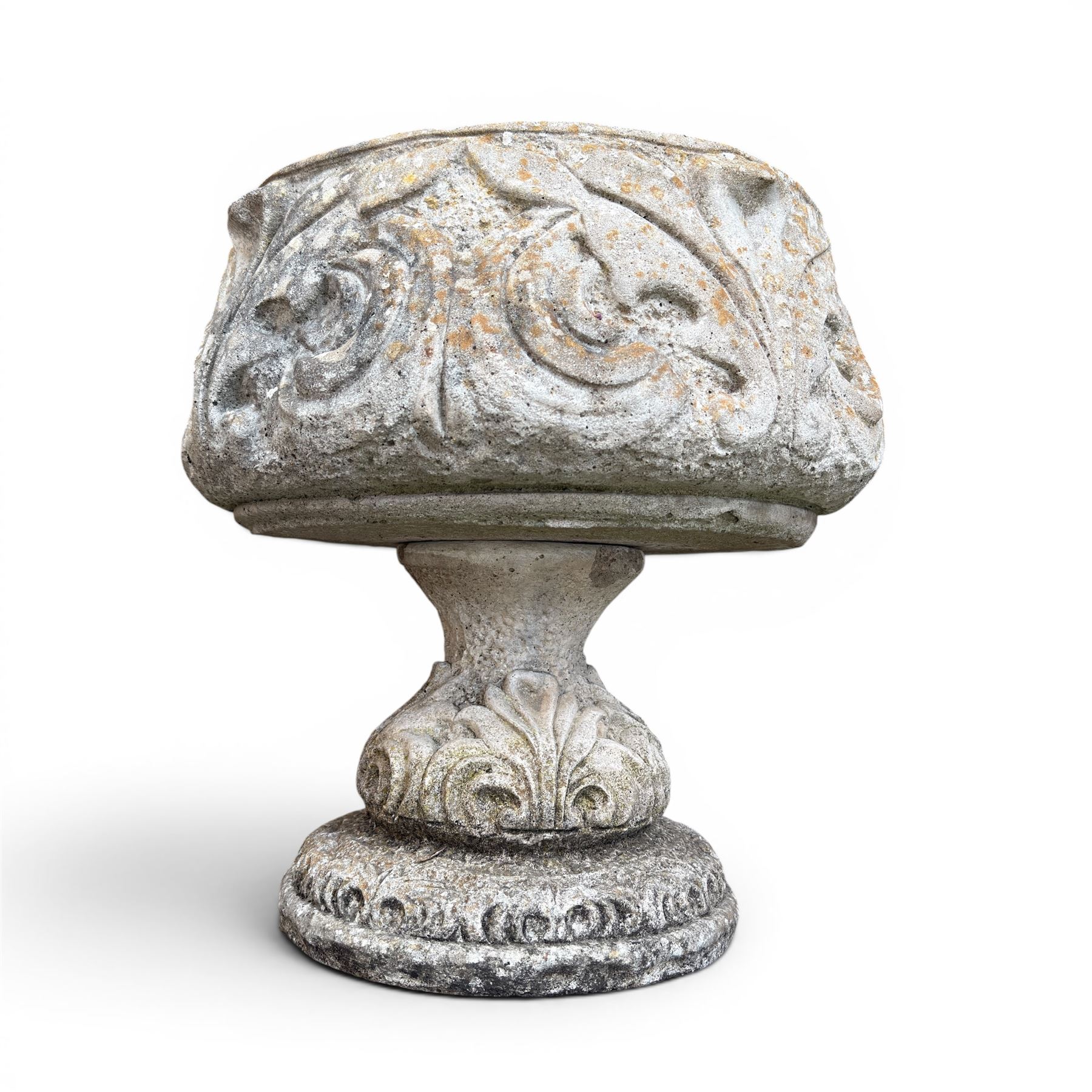 Cast stone ornate garden urn, circular shall bowl on squat base