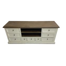 Painted pine media unit, rectangular top over two shelves, fitted with six long drawers and three short pigeonhole drawers