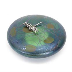 John Ditchfield for Glasform disc paperweight in iridescent blue with green lilies and silver hallmarked dragonfly to top, D12cm