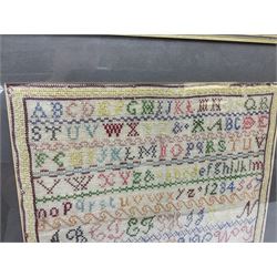 Victorian sampler, worked by Sarah Ann Duggleby, dated August 1864, depicting lines of alphabet, framed and glazed, by vendor repute Beswick Hall provenance, overall H46cm L43cm