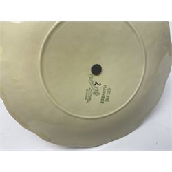 Collection of 1930s ceramics, comprising Shorter & Son jug with bird handle, set of three J.H.W & Sons graduating jugs, Clarice Cliff My Garden pattern vase and Celtic Harvest pattern cake plate and a Burleigh Ware sandwich plate set, bird jug H21cm