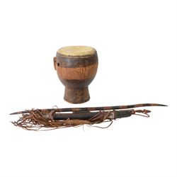 Tuareg hunting dagger, together with military penknife, drum, leather covered spear etc