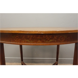  Edwardian inlaid mahogany oval occasional table, tapering supports joined by stretchers, W92cm, H76cm, D69cm  