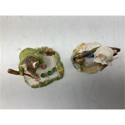 Four Classic Collectables Brambly Hedge figures, comprising Basil Pouring Drinks, Wilfred and Teasel Pushing Cart, Poppy Carry Pails and Mrs Apple, Wilfred and Basket, all boxed
