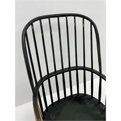 18th century West Country ash and elm Windsor armchair, high hoop and stick back, turned supports with H stretcher, green paint finish